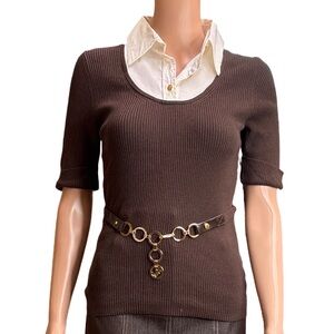 Michael Kors  Brown Short Sleeve Women's Ribbed Top With Collar Small NWT